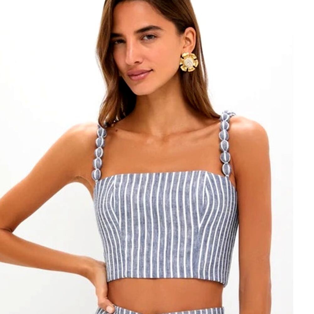 Andres Otalora Women's White and Blue Stripes Esperame Top Size 6